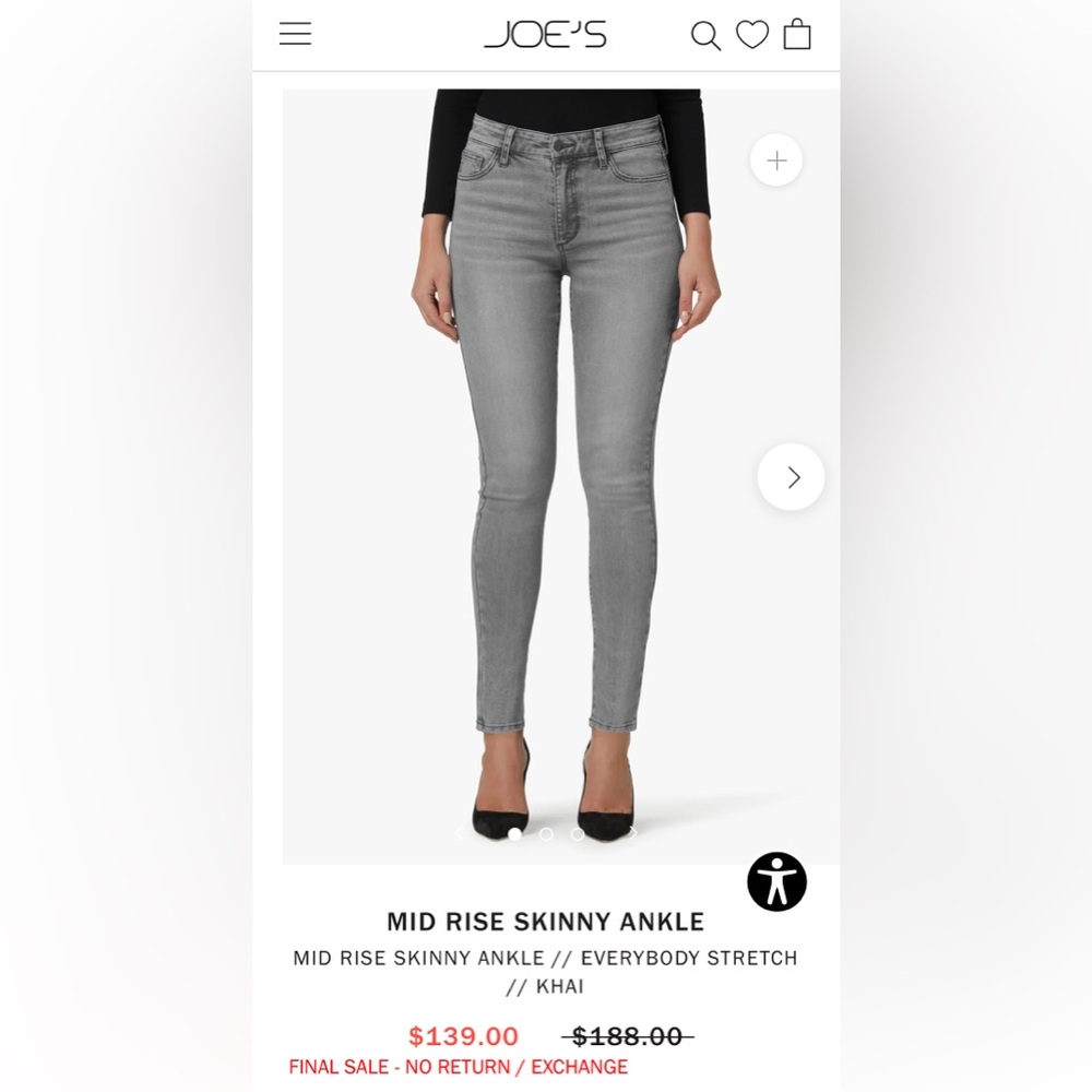 Joe’s jeans MID RISE SKINNY ANKLE stretch Khai size 25 color gray